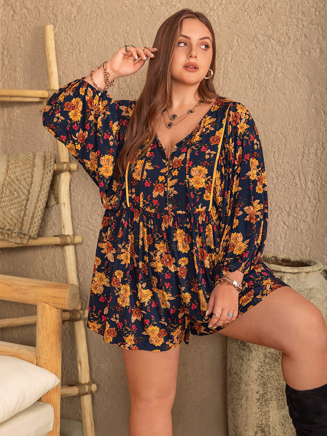 Flirty Floral Tie Neck Romper Plus-Size