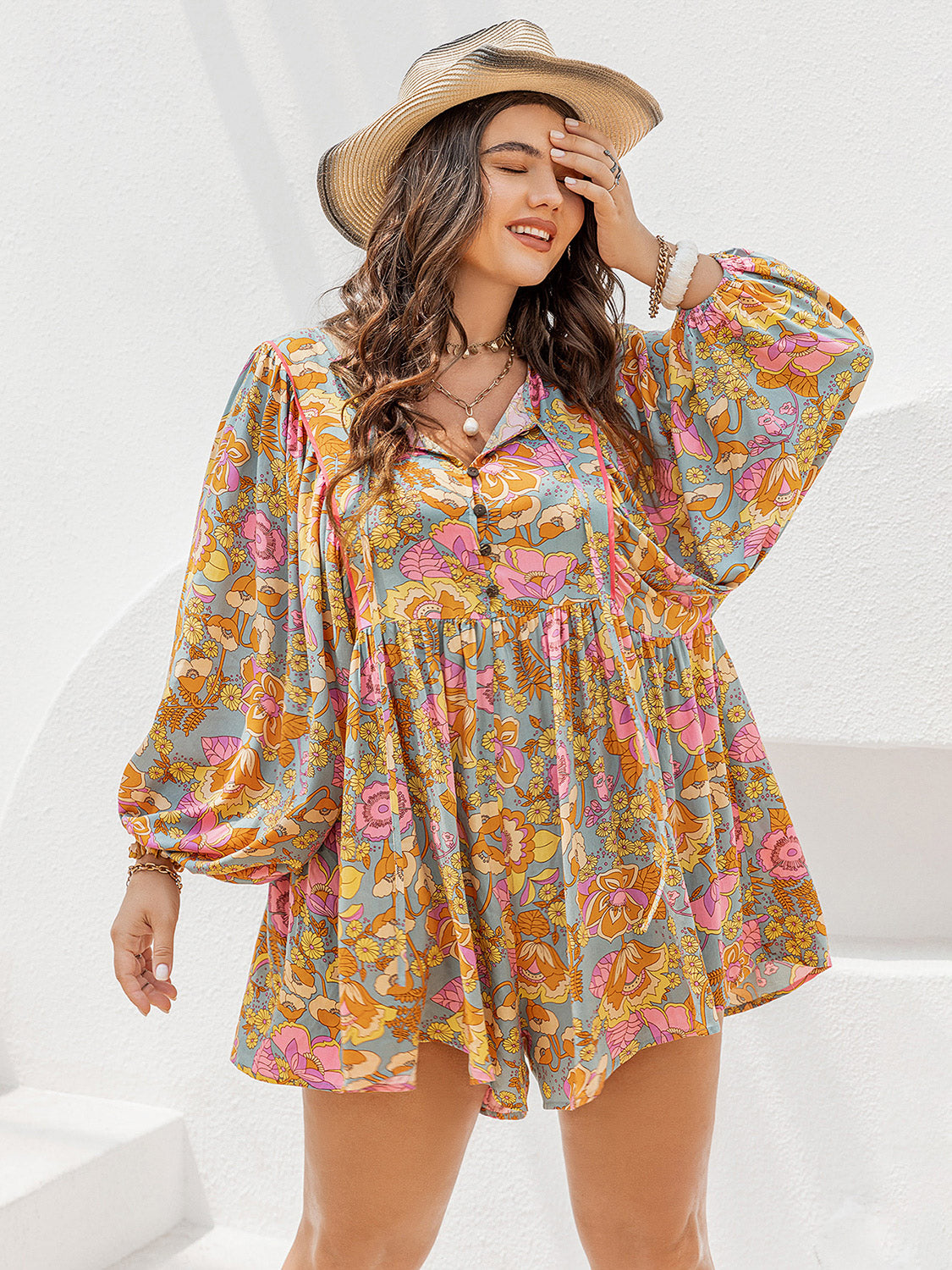 Flirty Floral Tie Neck Romper Plus-Size