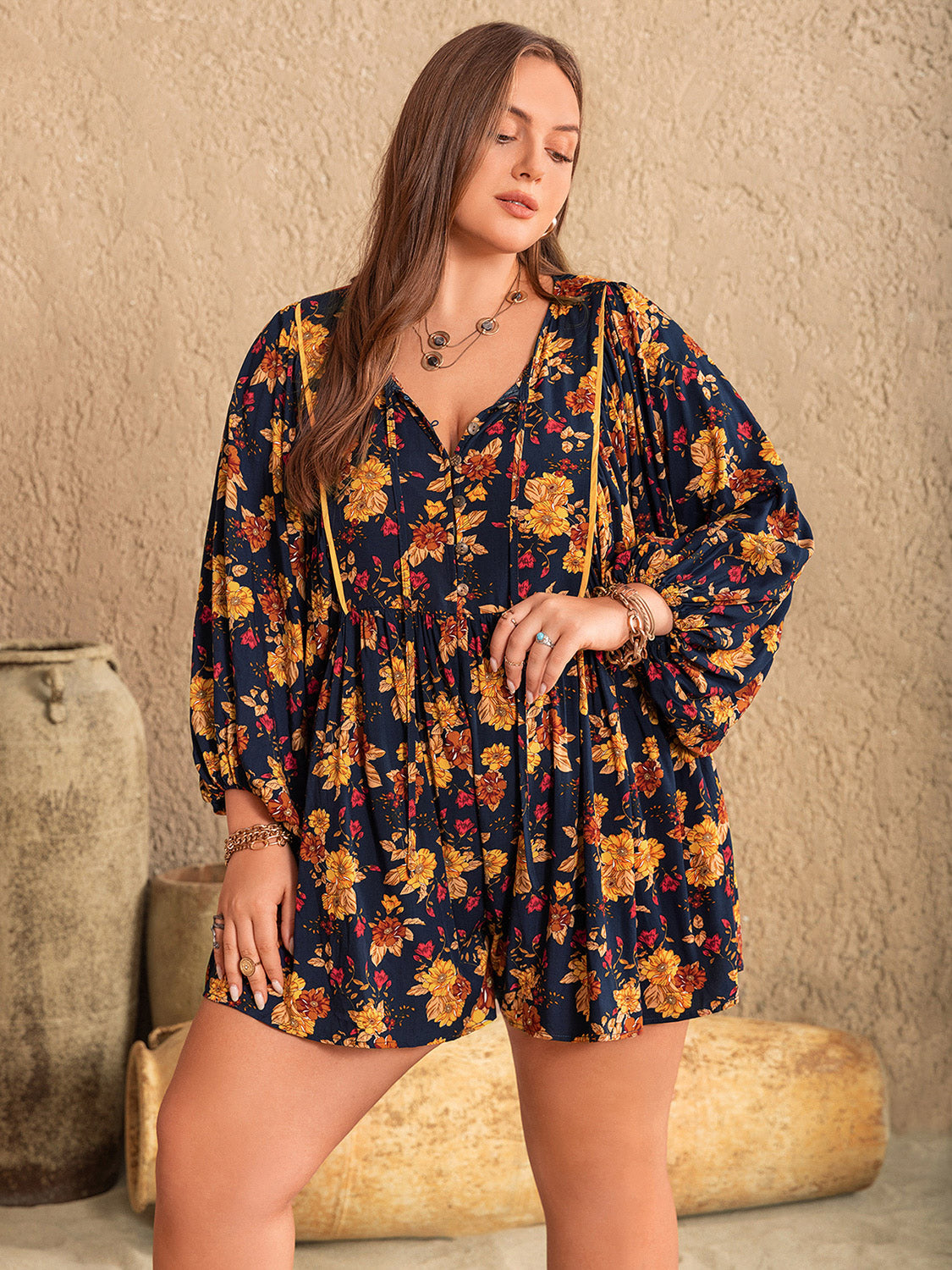 Flirty Floral Tie Neck Romper Plus-Size