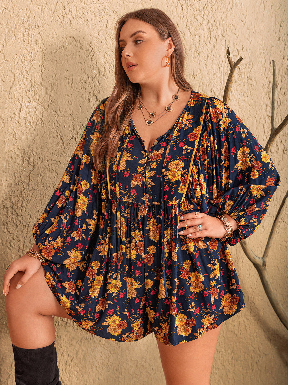Flirty Floral Tie Neck Romper Plus-Size