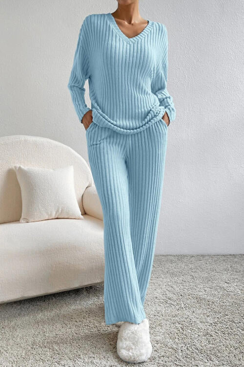 Rippled Ribbed V-Neck Top and Pants Set