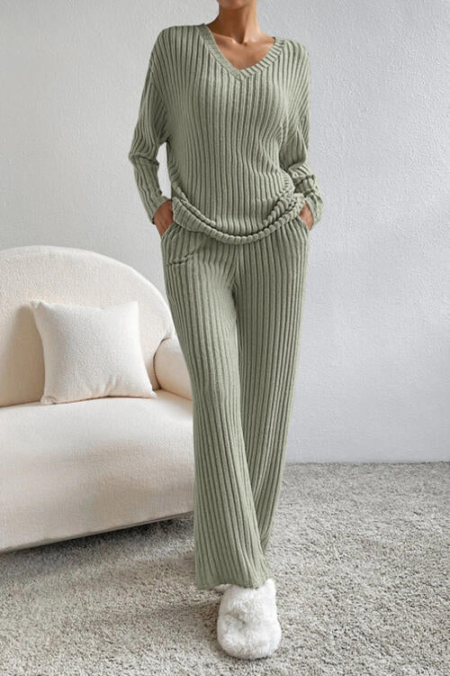 Rippled Ribbed V-Neck Top and Pants Set